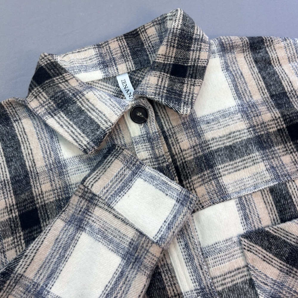 Zenana Women's‎ Small Black Tan Cream Plaid Oversized Button Down Shacket